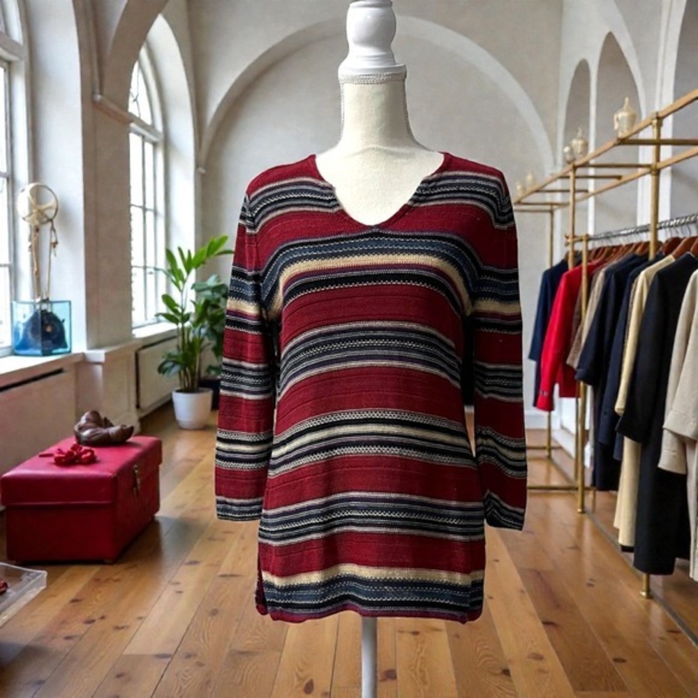 Ralph Lauren Red Blue Striped Cotton Linen‎ V-Neck Knit Top Medium